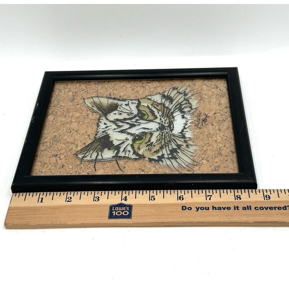 Vintage Reverse Painted Cat on Glass Framed with Cork Backing Singed Valerie - Picture 6 of 7